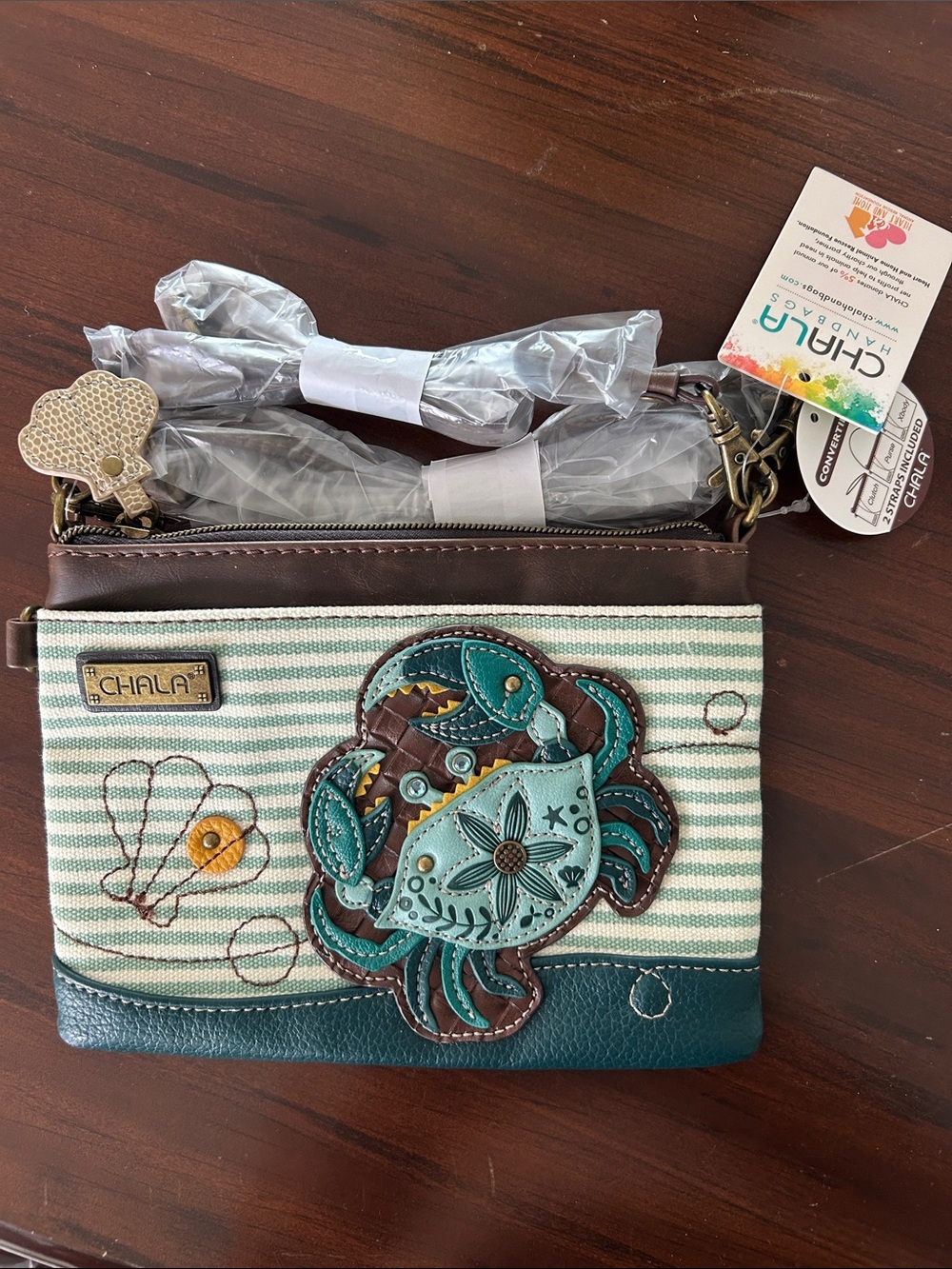 Chala Teal and Brown Crab Crossbody Wristlet